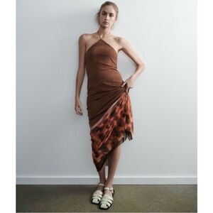 NWT ZARA Tulle Bloggers Favorite Halter Maxi open back Dress Brown Open Back